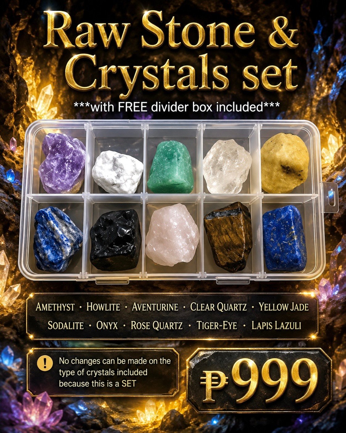 Amethyst, Howlite, Aventurine, Clear Quartz, Yellow Jade, Sodalite, Onyx, Rose Quartz, Tiger-Eye and Lapis Lazuli raw stone and crystal set by Authentic Stones by JBL