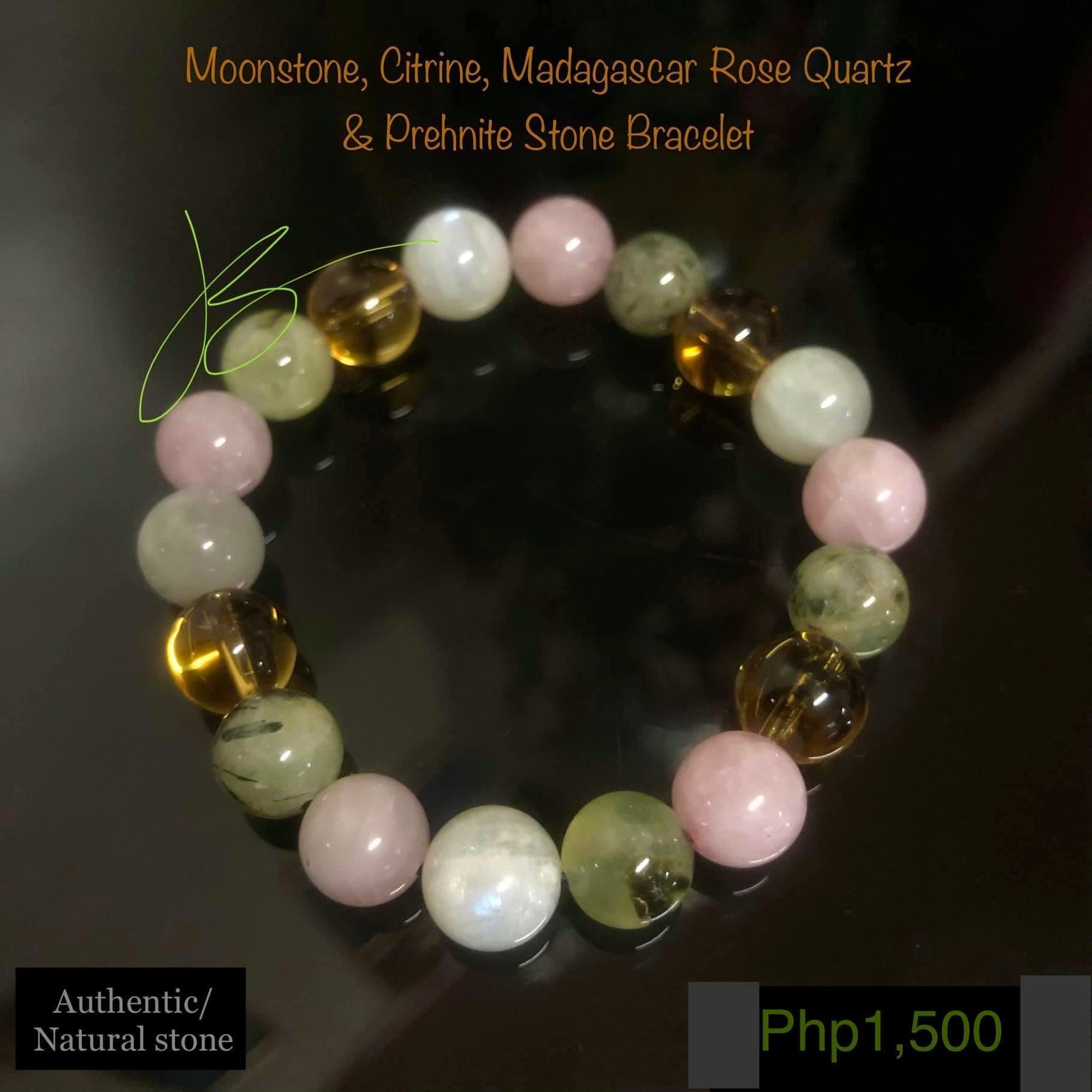 Moonstone, Citrine, Madagascar Rose Quartz and Prehnite stone bracelet by Authentic Stones by JBL