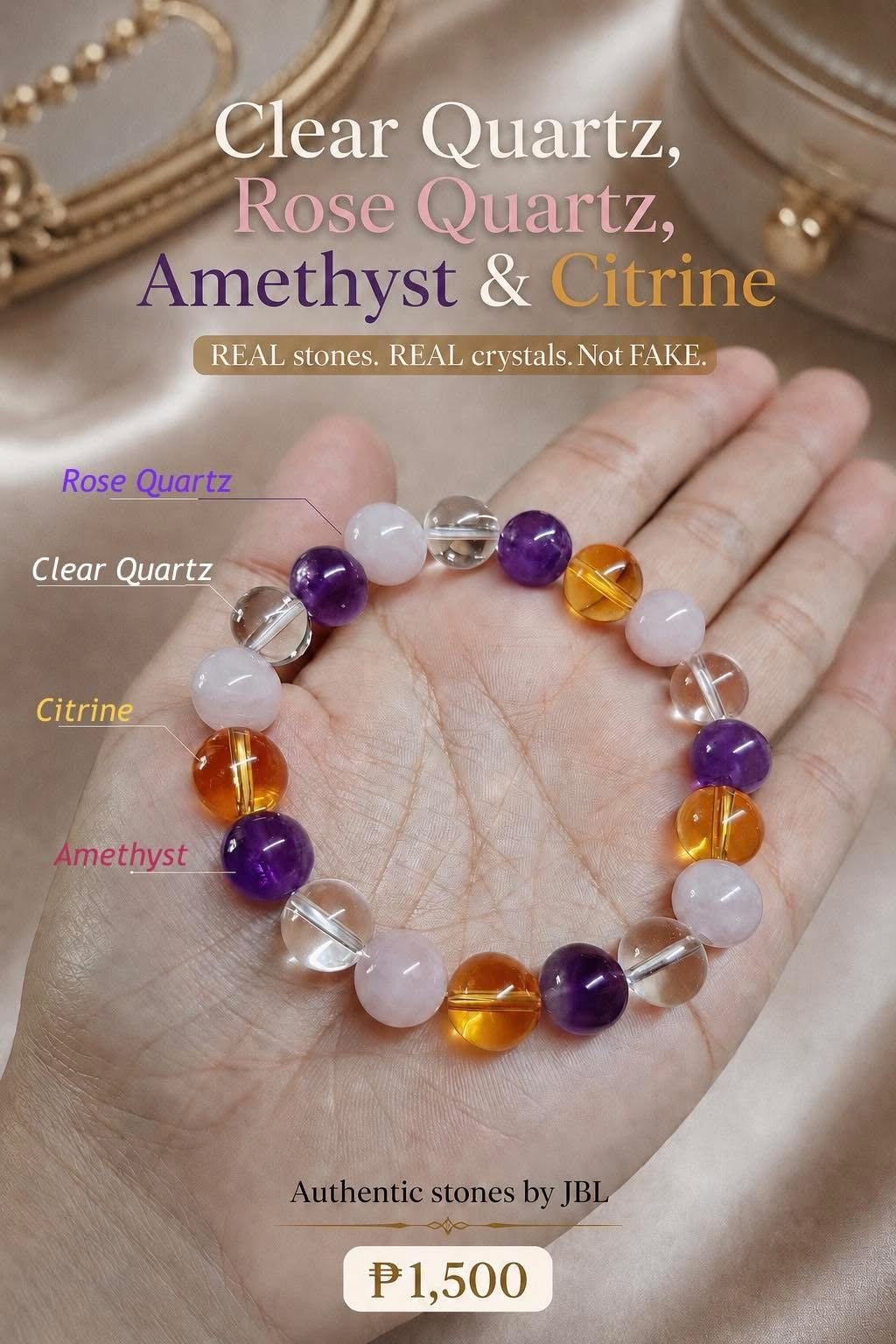 Clear Quartz, Rose Quartz, Amethyst and Citrine stone bracelet by Authentic Stones by JBL