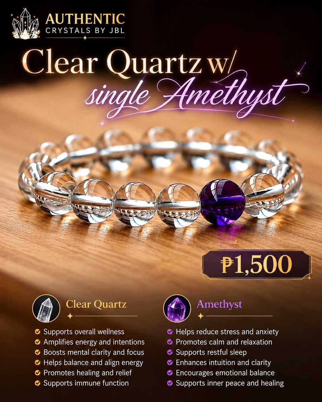 Clear Quartz and Amethyst stone bracelet by Authentic Stones by JBL