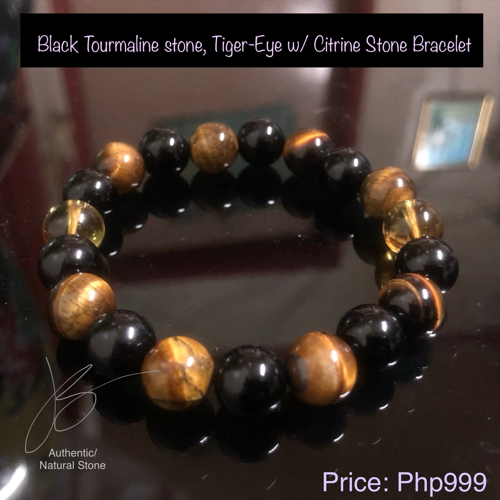 Black Tourmaline, Tiger Eye, and Citrine stone bracelet by Authentic Stones by JBL