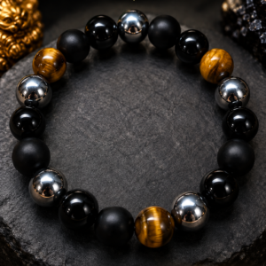 Silver Hematite, Black Obsidian, Onyx and Tiger-Eye stone bracelet by Authentic Stones by JBL