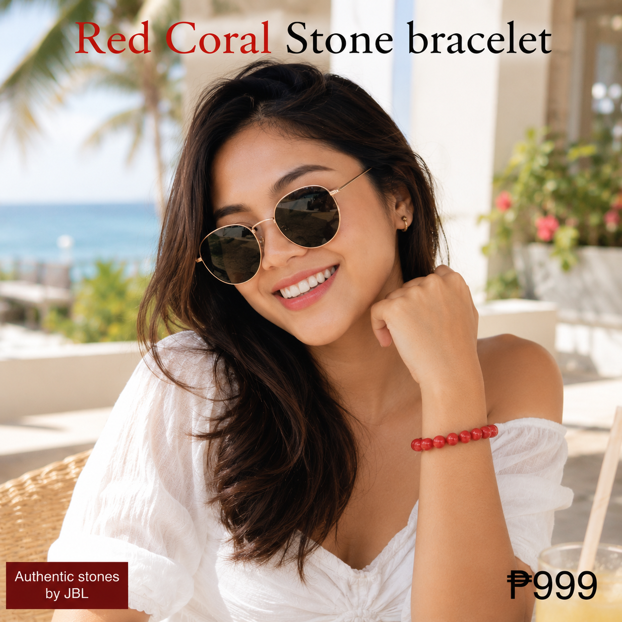 Beautiful filipina woman wearing Red Coral stone bracelet made by Authentic Stones by JBL
