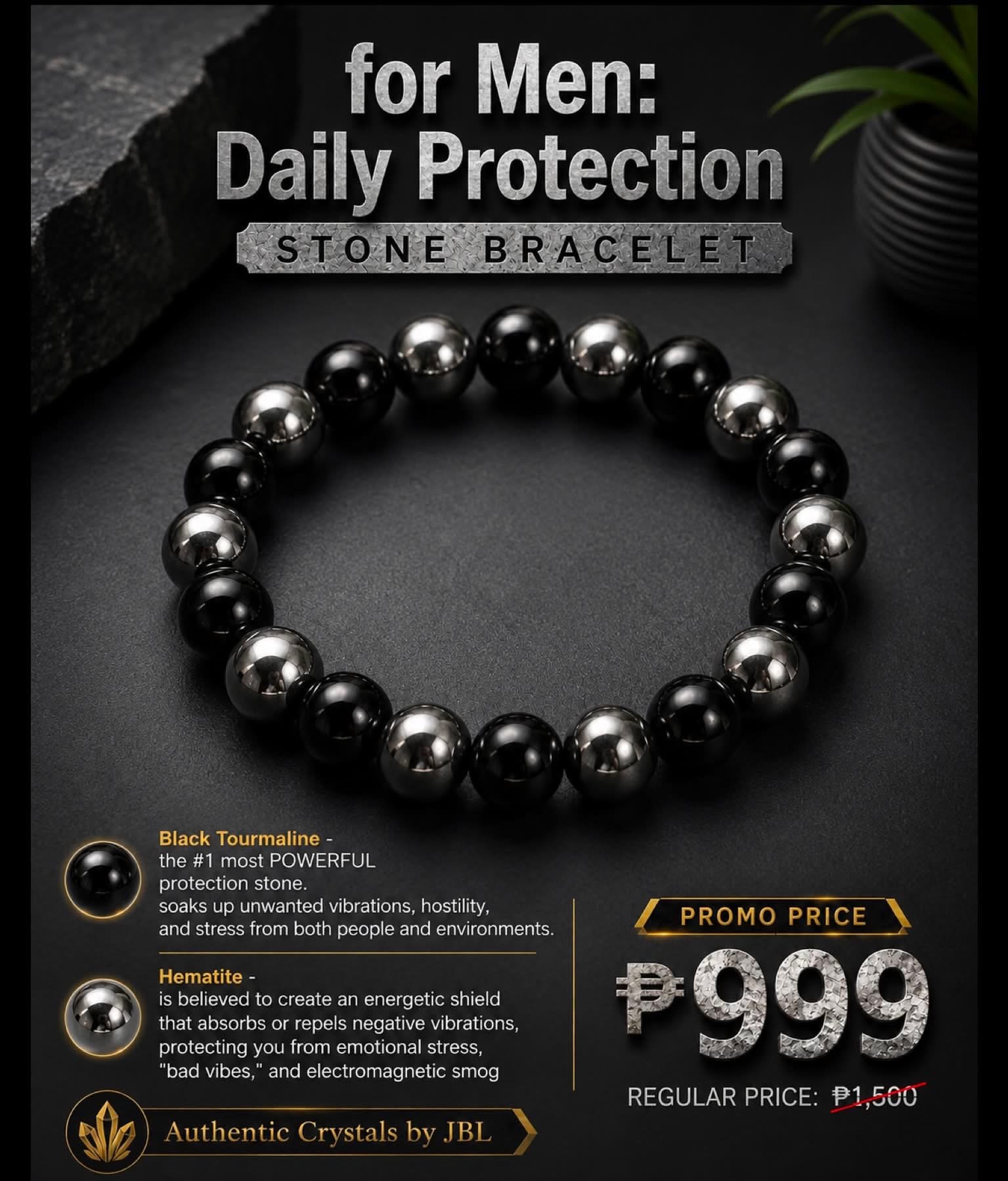 Black Tourmaline and Hematite stone bracelet by Authentic Stones by JBL