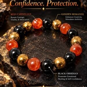 Red Carnelian, Golden Hematite, and Black Obsidian stone bracelet by Authentic Stones by JBL