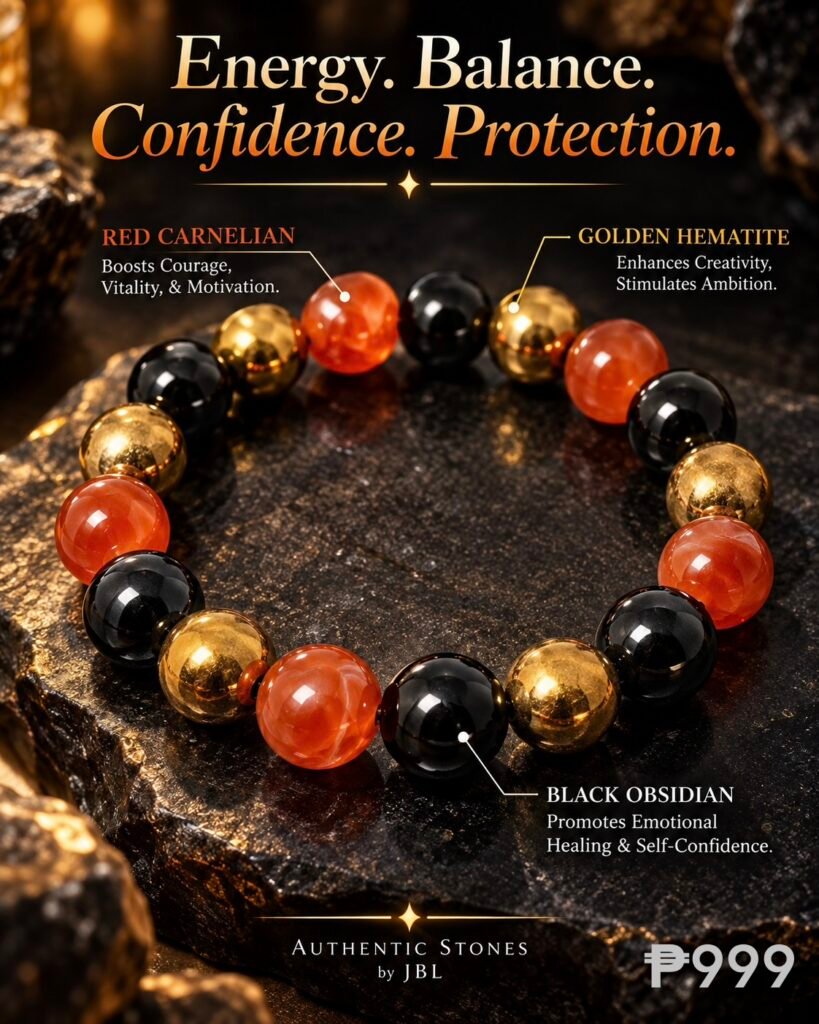 Red Carnelian, Golden Hematite, and Black Obsidian stone bracelet by Authentic Stones by JBL