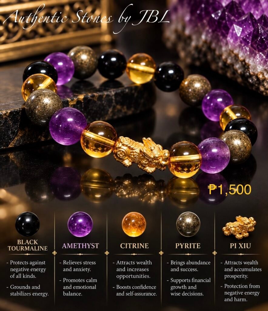 Black Tourmaline, Amethyst, Citrine, Pyrite, and Pi Xiu stone bracelet by Authentic Stones by JBL