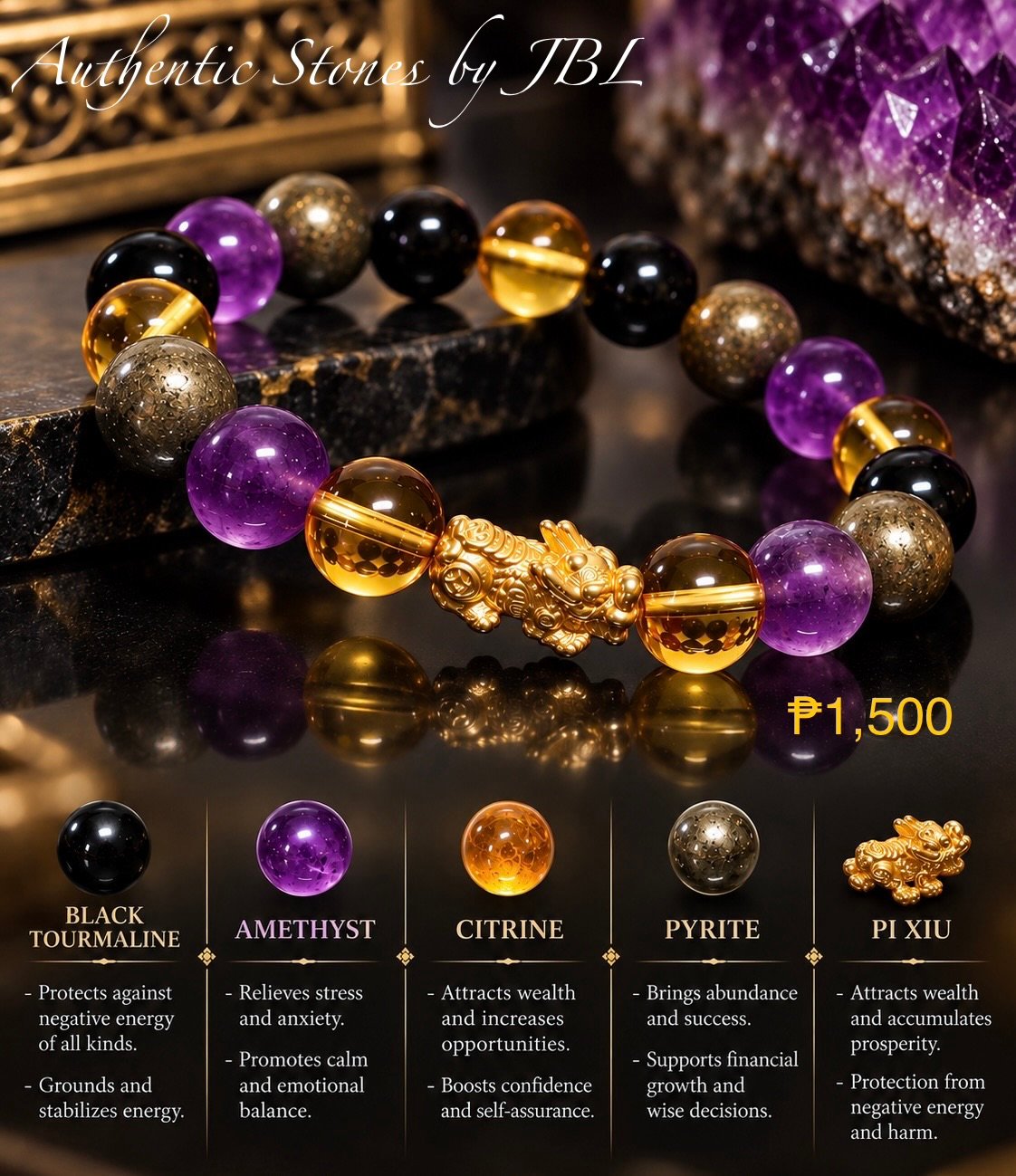 Black Tourmaline, Amethyst, Citrine, Pyrite, and Pi Xiu stone bracelet by Authentic Stones by JBL