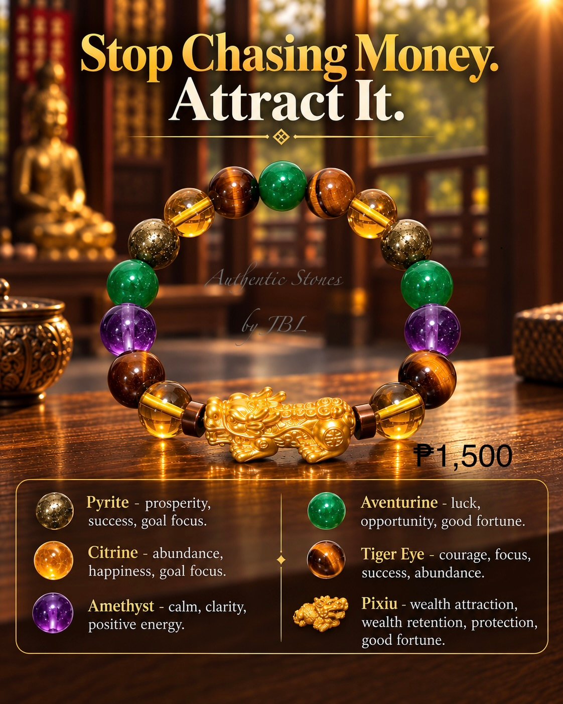 Pyrite, Citrine, Amethyst, Aventurine, Tiger Eye, and Pi Xiu stone bracelet by Authentic Stones by JBL