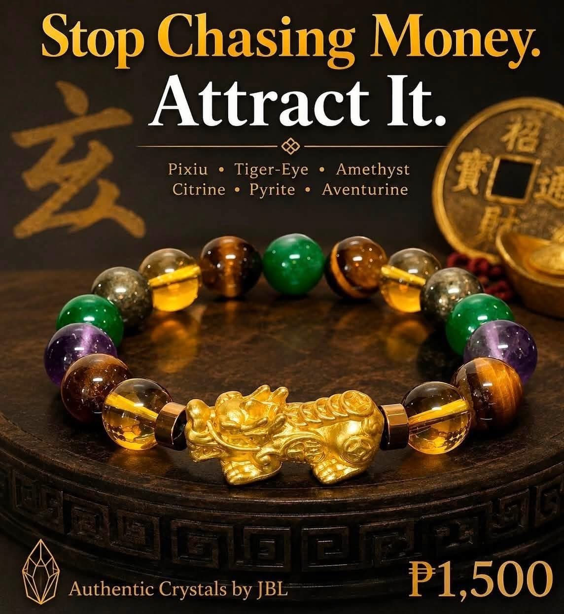 Pixiu, Citrine, Pyrite, Amethyst, Aventurine and Tiger's Eye stone and crystal bracelet by Authentic Stones by JBL