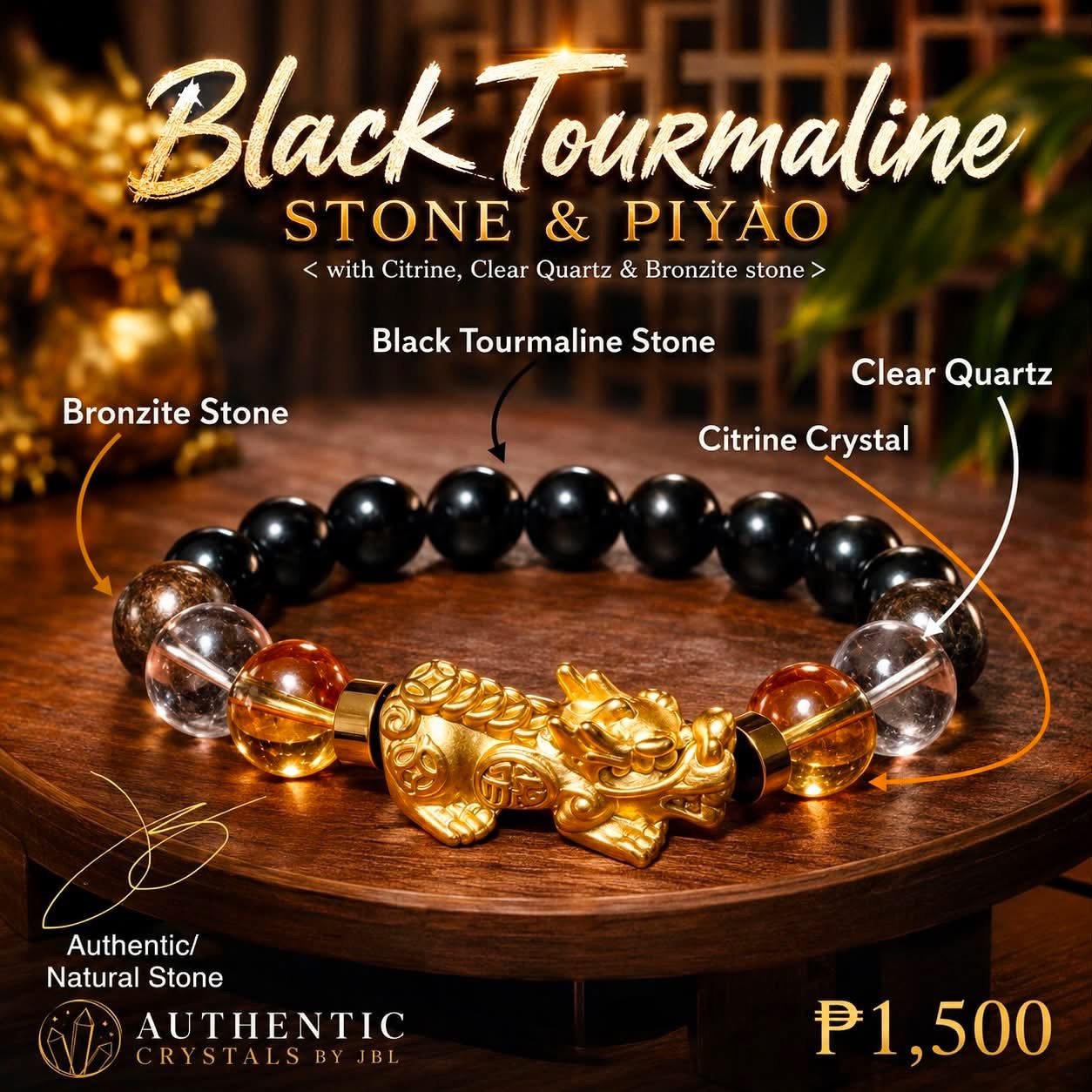 Pi Yao (Pi Xiu), Black Tourmaline, Citrine, Clear Quartz and Bronzite stone and crystal bracelet by Authentic Stones by JBL