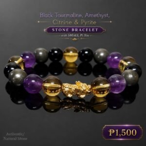Black Tourmaline, Amethyst, Citrine, Pyrite and Pixiu stone bracelet by Authentic Stones by JBL