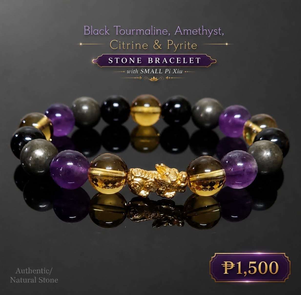 Black Tourmaline, Amethyst, Citrine, Pyrite and Pixiu stone bracelet by Authentic Stones by JBL
