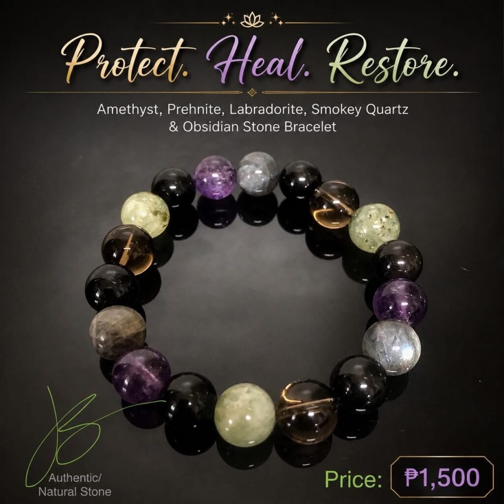 Amethyst, Prehnite, Labradorite, Smokey Quartz and Obsidian stone bracelet by Authentic Stones by JBL