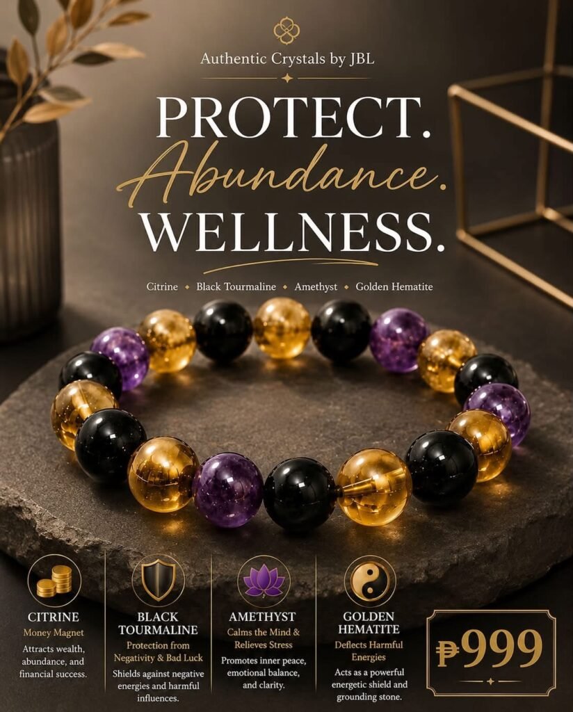 Citrine, Black Tourmaline, Amethyst and Golden Hematite stone and crystal bracelet by Authentic Stones by JBL