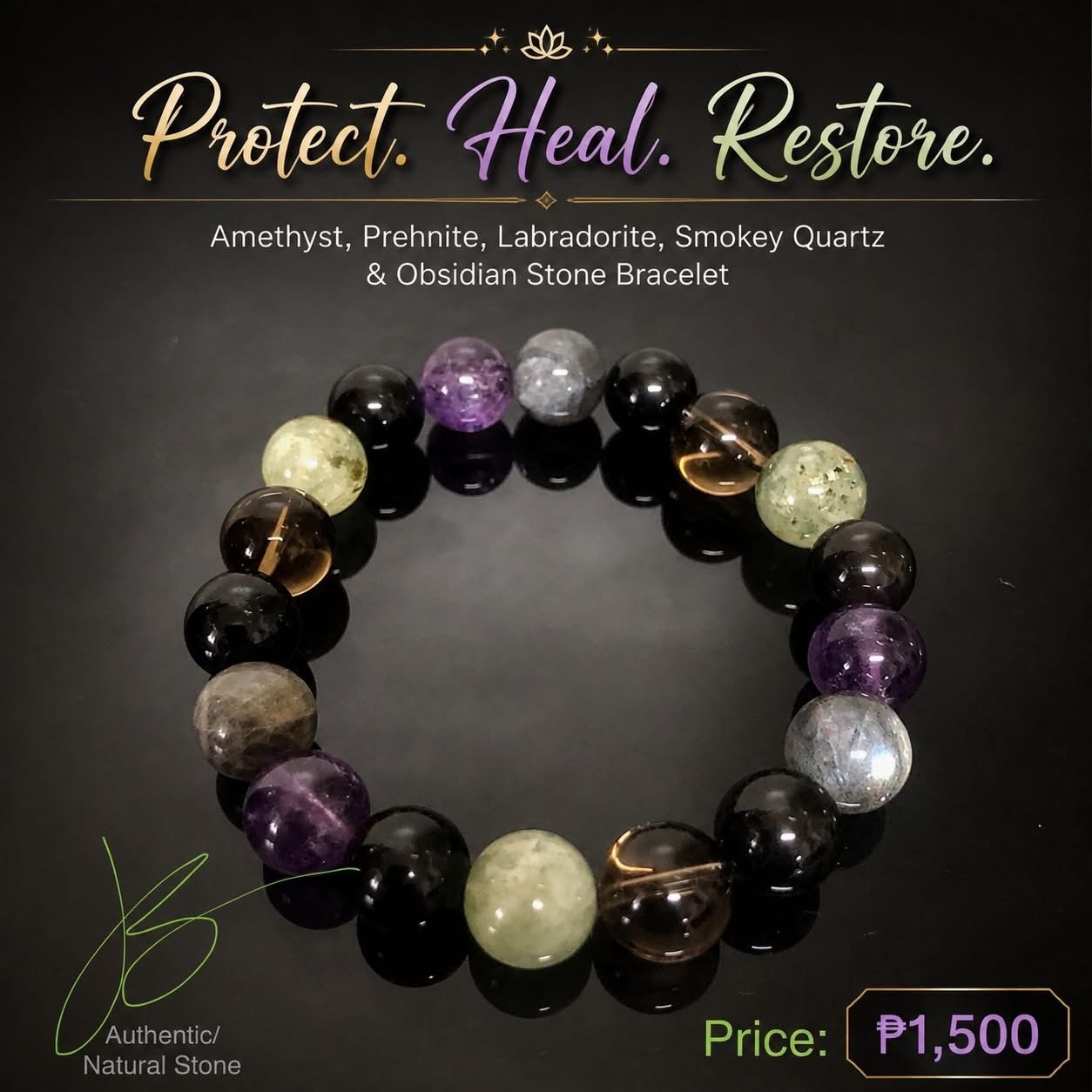 Amethyst, Prehnite, Labradorite, Smokey Quartz and Obsidian stone bracelet by Authentic Stones by JBL