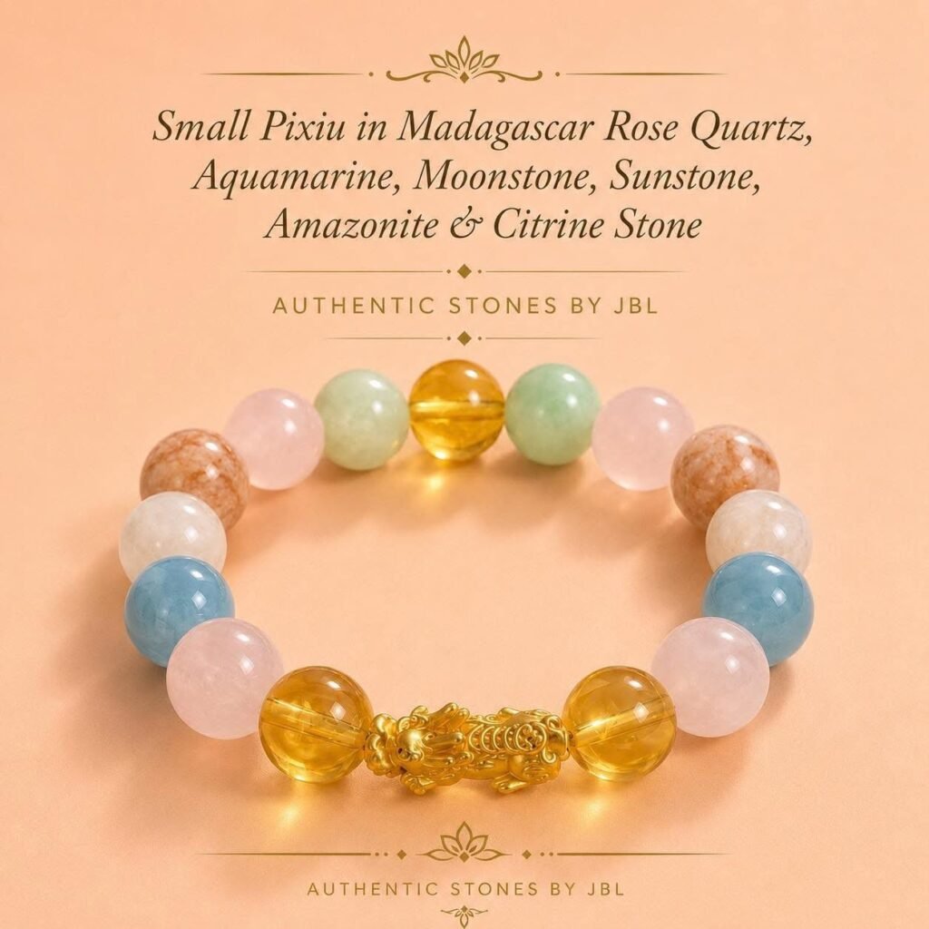 Amazonite, Sunstone, Citrine, Rose Quartz, Aquamarine, Moonstone and Pixiu stone and crystal bracelet by Authentic Stones by JBL
