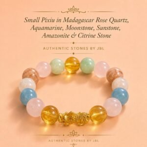 Amazonite, Sunstone, Citrine, Rose Quartz, Aquamarine, Moonstone and Pixiu stone and crystal bracelet by Authentic Stones by JBL