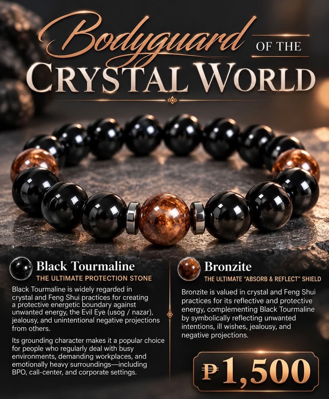 Black Tourmaline & Bronzite stone bracelet by Authentic Stones by JBL