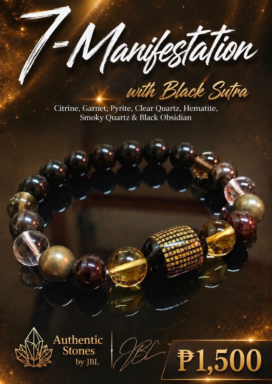 Black Obsidian, Clear Quartz, Citrine, Garnet, Pyrite, Magnetic Hematite & Smokey Quartz stone bracelet by Authentic Stones by JBL