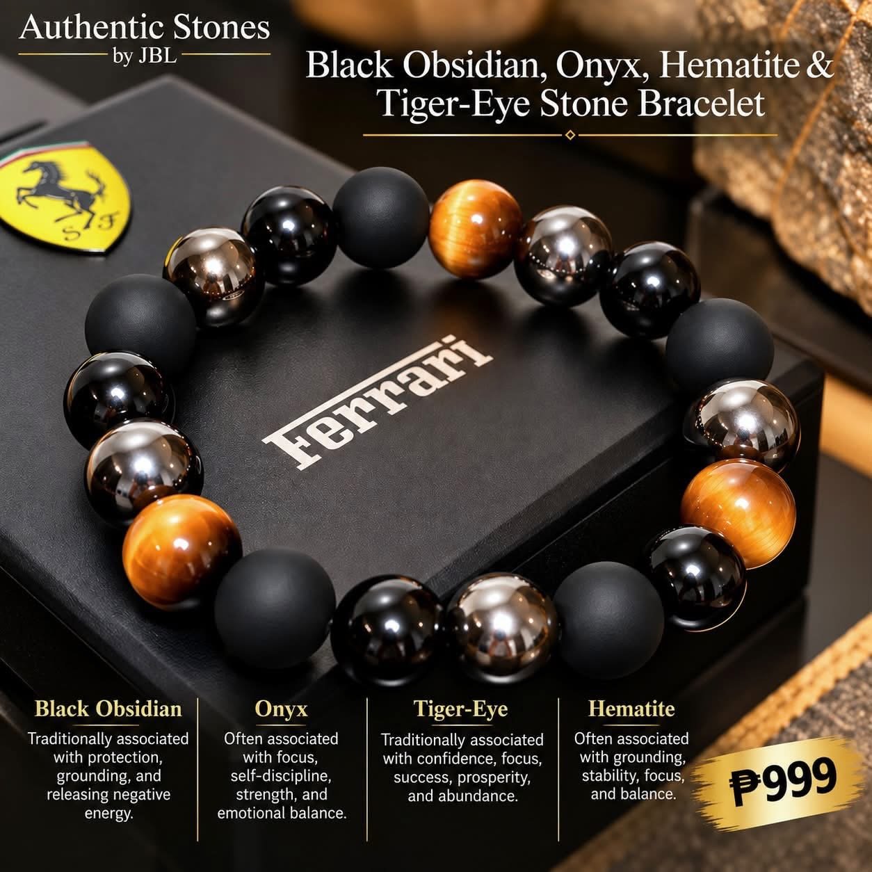 Black Obsidian, Onyx, Hematite & Tiger-Eye stone bracelet by Authentic Stones by JBL