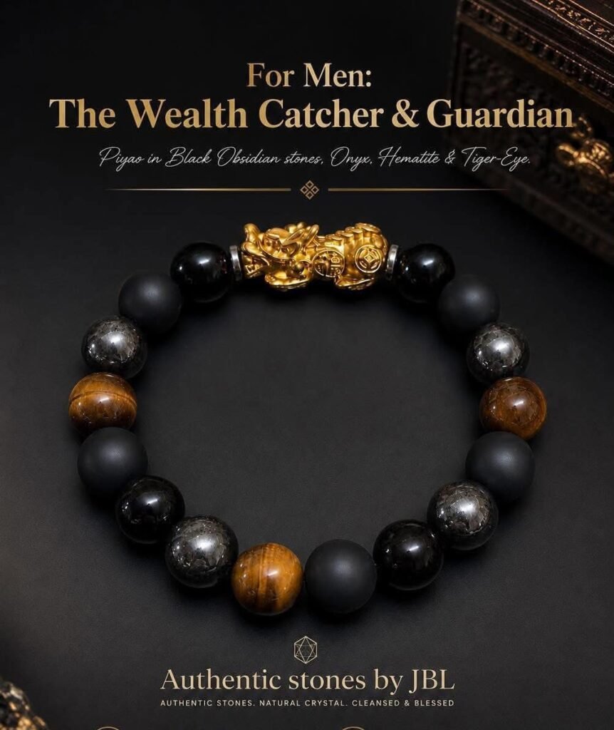 Piyao (Pixiu), Black Obsidian, Onyx, Hematite & Tiger-Eye stone bracelet by Authentic Stones by JBL