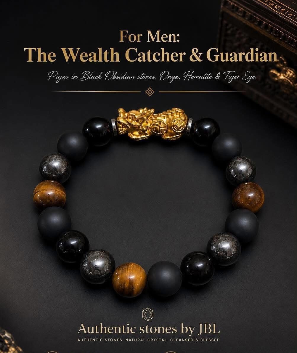 Piyao (Pixiu), Black Obsidian, Onyx, Hematite & Tiger-Eye stone bracelet by Authentic Stones by JBL