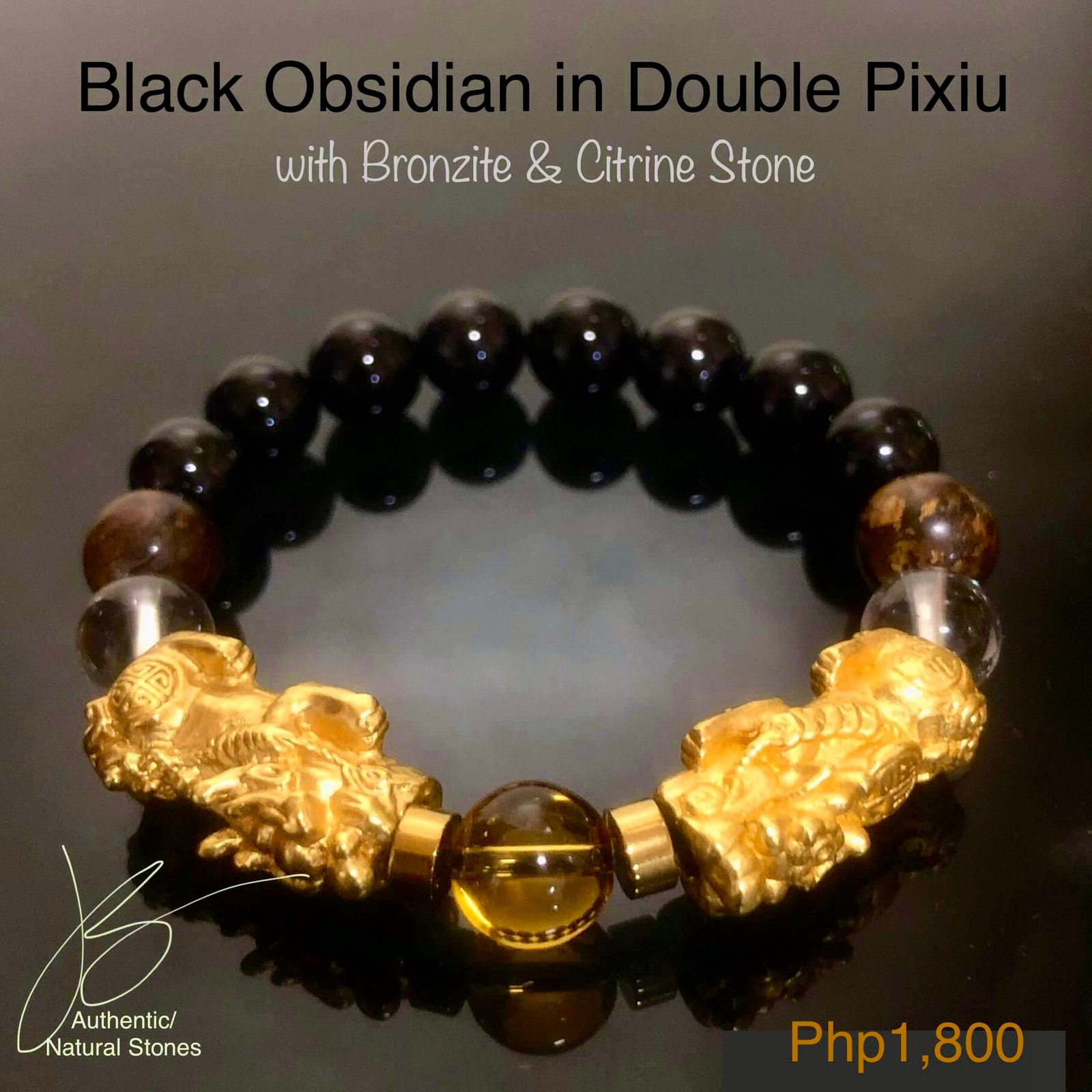 Black Obsidian, Bronzite, Citrine & Double Pixiu stone bracelet by Authentic Stones by JBL
